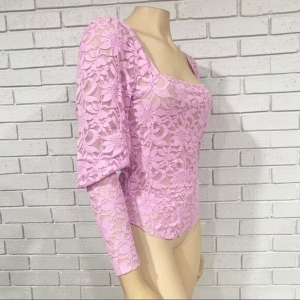 Free People Intimately Lavender Pink Floral Lace Square Neck Puff Sleeve Top | M - Picture 4 of 4